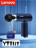 Lenovo deep tissue massage gun in blue with adjustable speed and multiple attachments for athlete recovery.