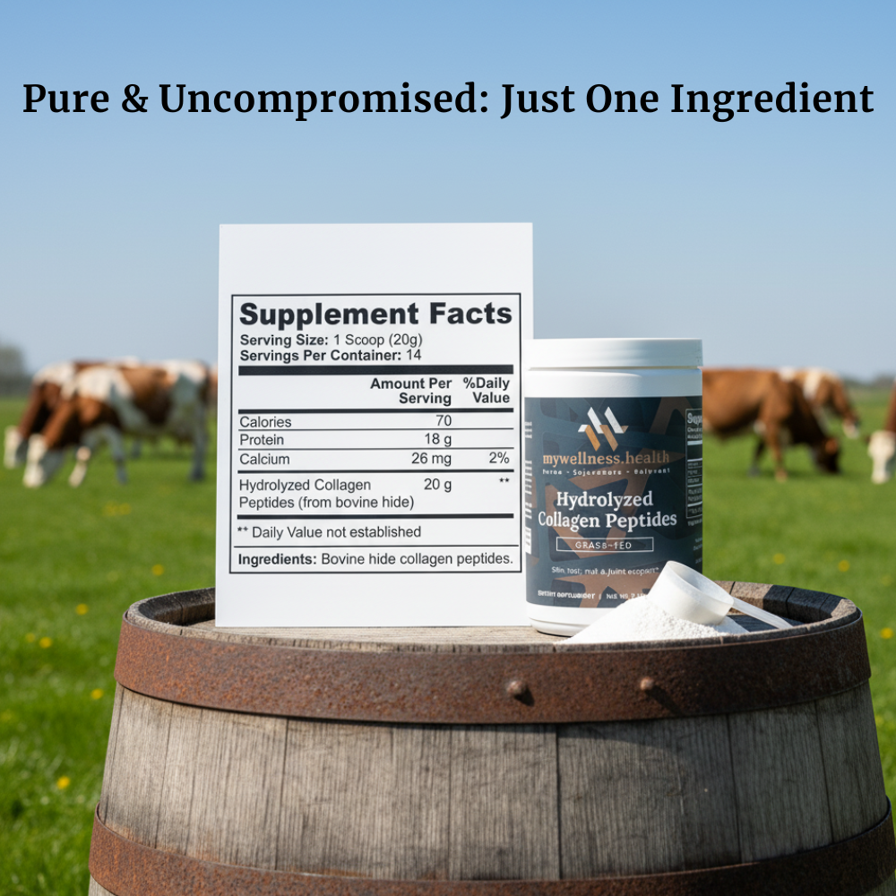 100% natural grass-fed hydrolyzed collagen peptides in a 280g powder bag by mywellness.health