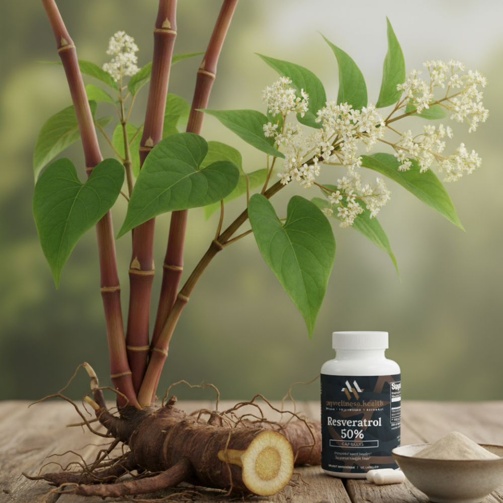 Clear bottle of mywellness.health Trans-Resveratrol 50% antioxidant capsules with white label and green accents