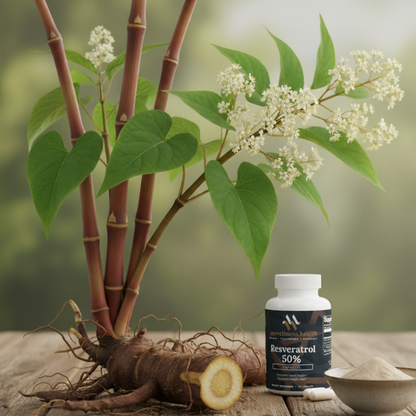 Clear bottle of mywellness.health Trans-Resveratrol 50% antioxidant capsules with white label and green accents