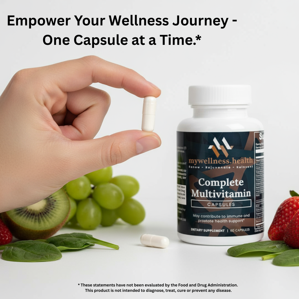 Green bottle of mywellness.health Complete Daily Multivitamin, plant-based, allergen-free, and B-complex enriched.