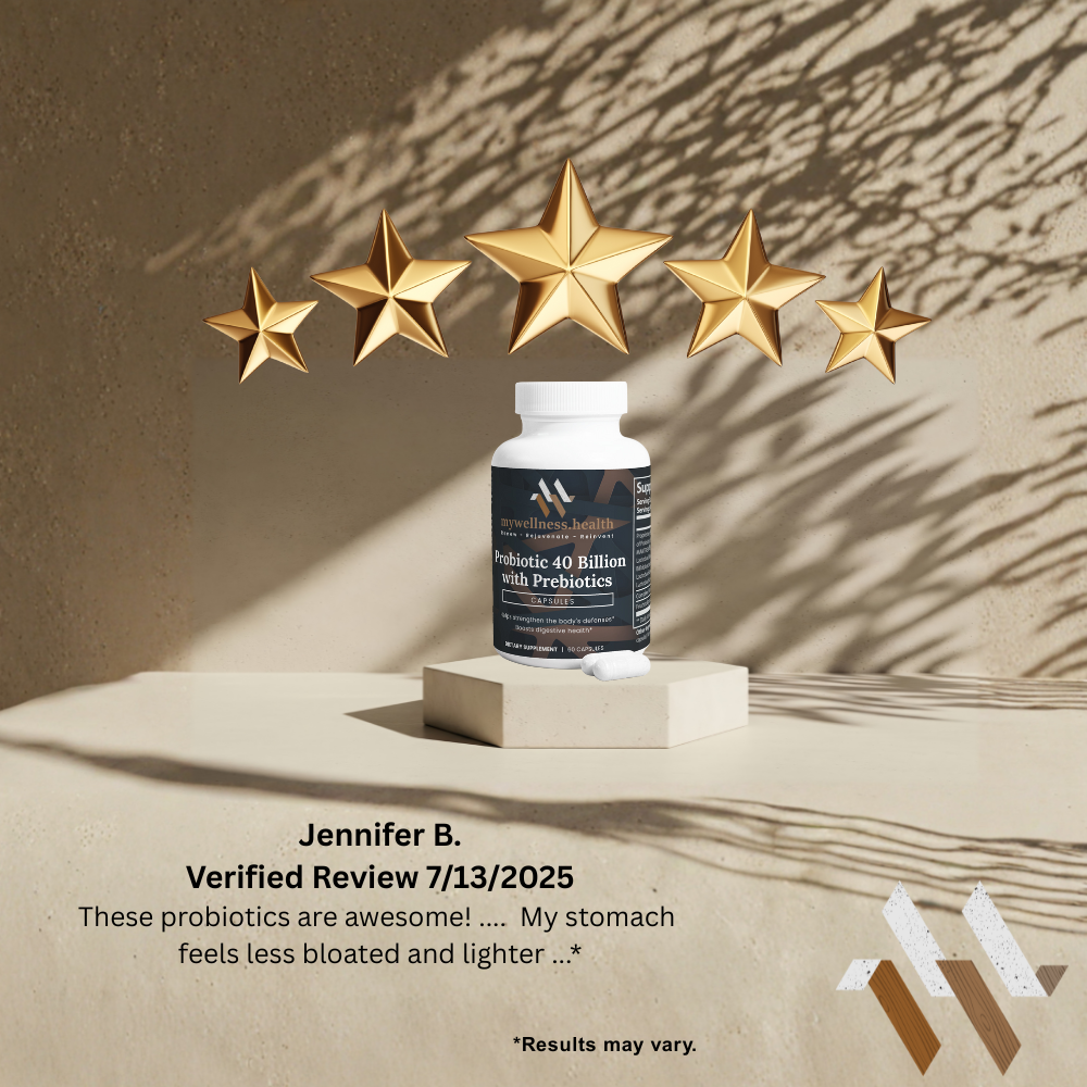 Blue and white bottle of mywellness.health Probiotic 40 Billion CFU with 60 capsules for digestive support