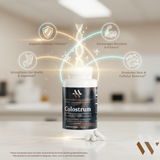 Natural colostrum capsules in a clear bottle, 500mg each, by mywellness.health for immune support.