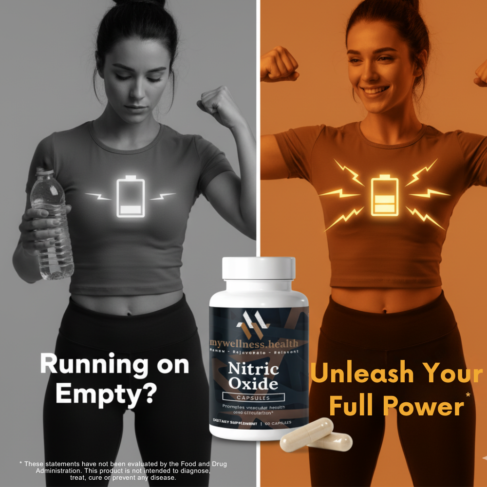 White bottle of Nitric Oxide supplement from mywellness.health, labeled for stamina and blood flow support