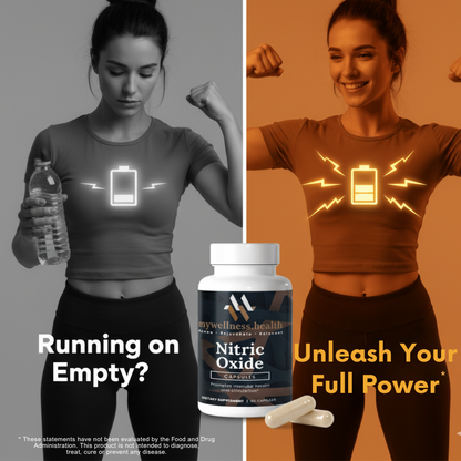 White bottle of Nitric Oxide supplement from mywellness.health, labeled for stamina and blood flow support
