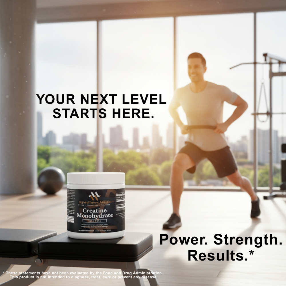 White 250g container of mywellness.health Pure Creatine Monohydrate for athletic supplementation