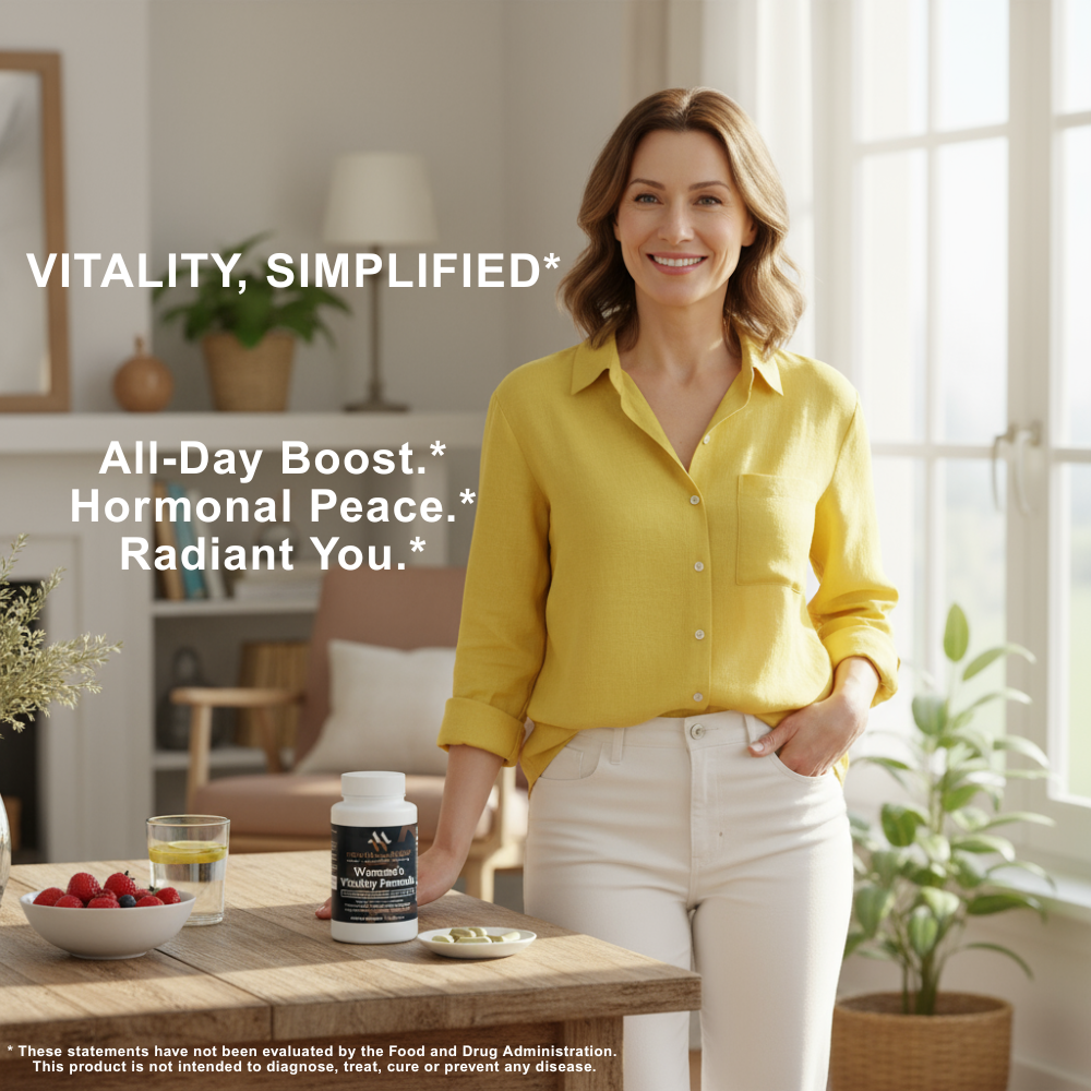 Green bottle of Women's Vitality Formula by mywellness.health with natural hormonal balance capsules