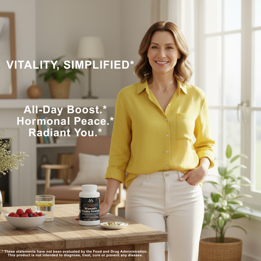 Green bottle of Women's Vitality Formula by mywellness.health with natural hormonal balance capsules