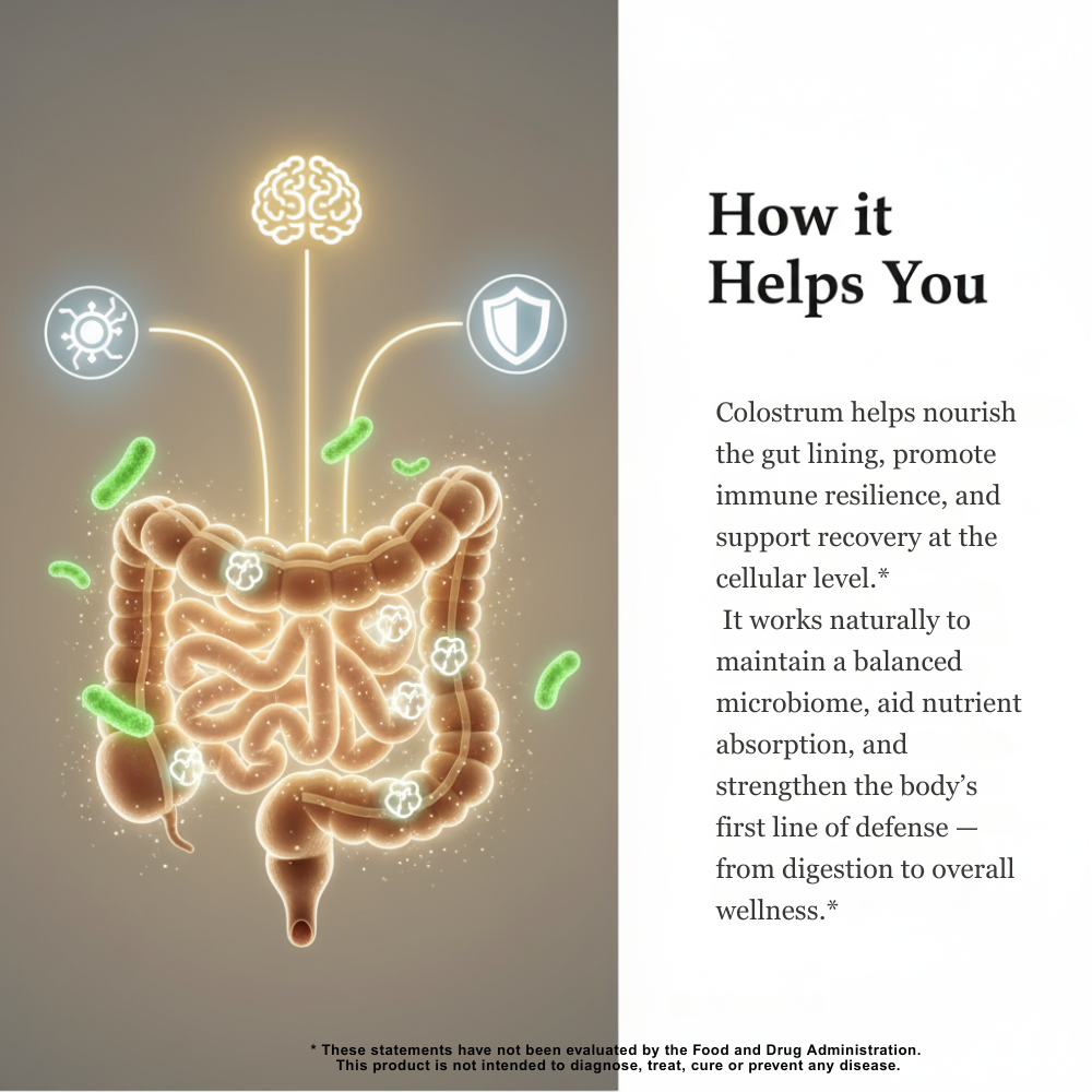 Natural colostrum capsules in a clear bottle, 500mg each, allergen-free, by mywellness.health for immune support.
