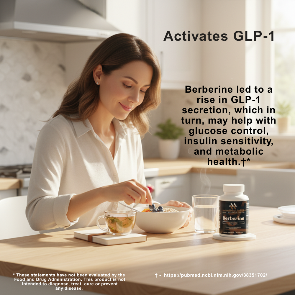 White bottle of Berberine supplement for natural blood sugar support by mywellness.health