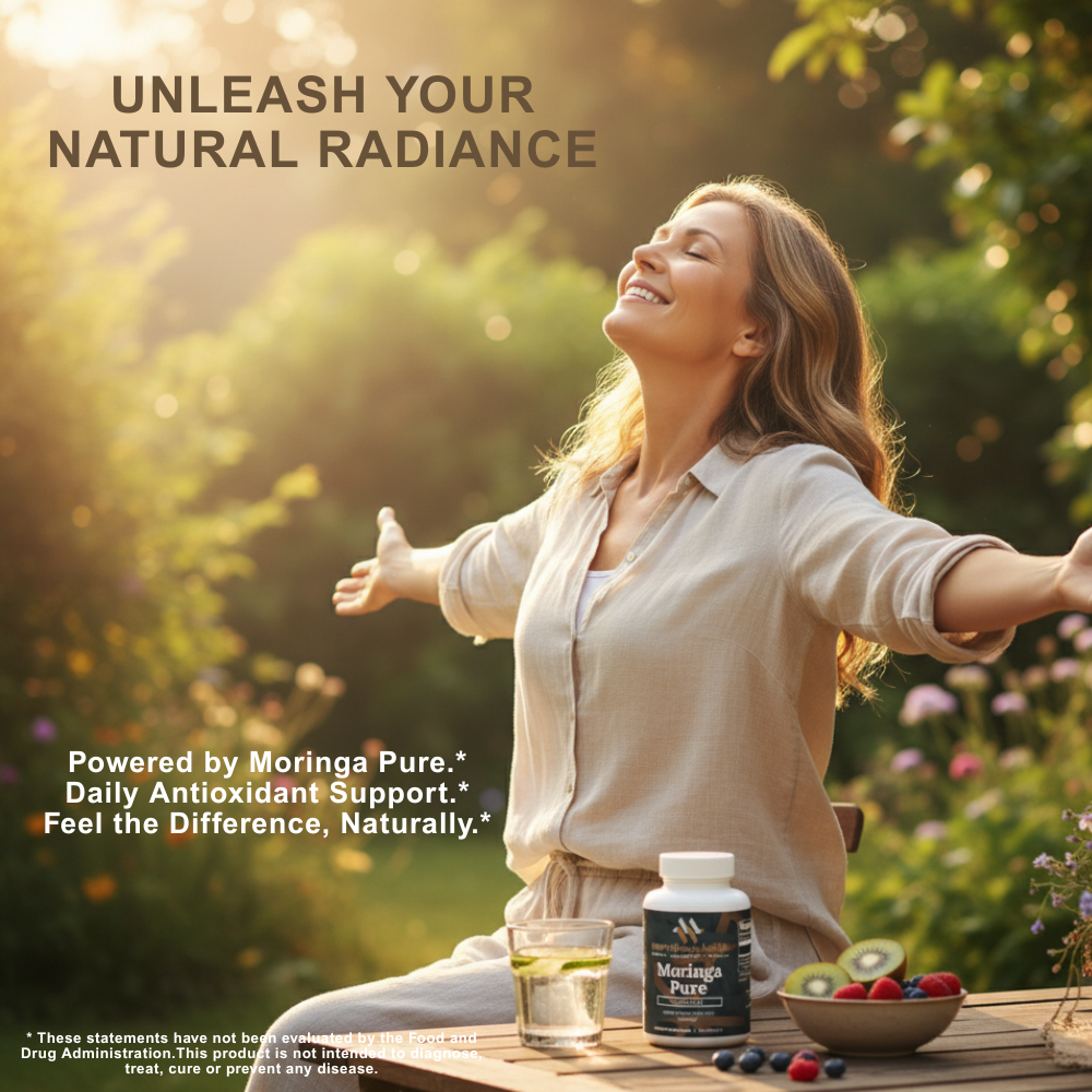 Green Moringa Pure Organic Superfood capsules in a clear bottle by mywellness.health, allergen-free and clean-label.