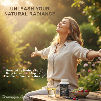 Green Moringa Pure Organic Superfood capsules in a clear bottle by mywellness.health, allergen-free and clean-label.