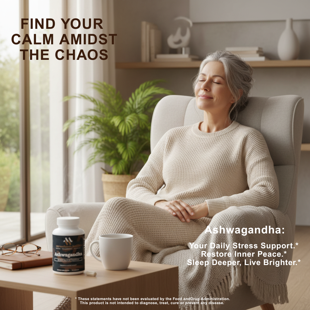 Green and white bottle of mywellness.health Organic Ashwagandha capsules for natural stress support