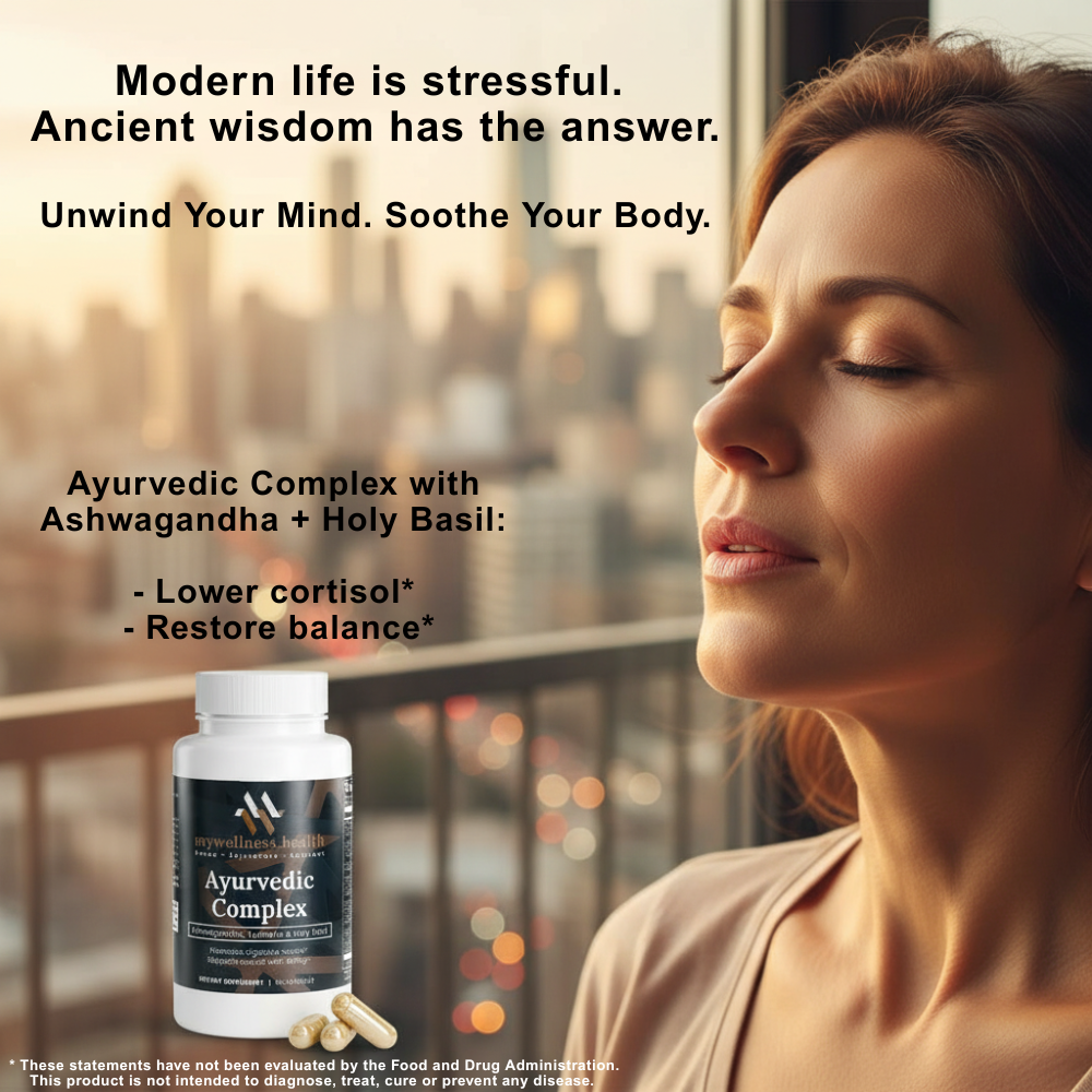 Green bottle of Ayurvedic Stress & Balance Complex by mywellness.health with ashwagandha and Brahmi ingredients.