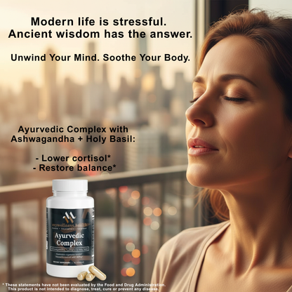 Green bottle of Ayurvedic Stress & Balance Complex by mywellness.health with ashwagandha and Brahmi ingredients.