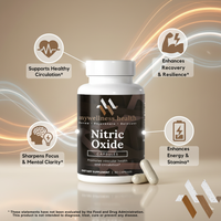 Specialty supplement bottle for Nitric Oxide by mywellness.health, promoting stamina and blood flow support.