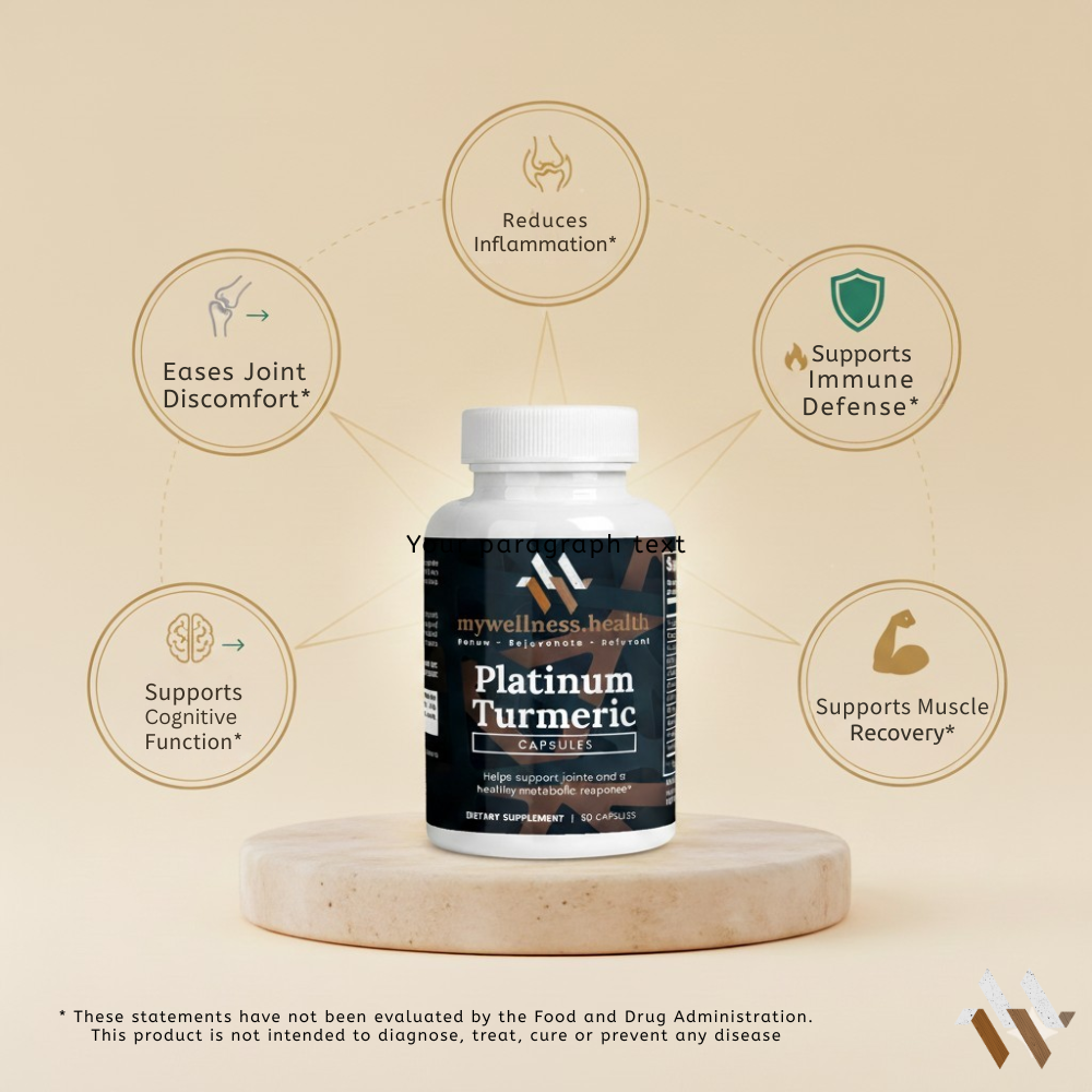 Platinum turmeric supplement bottle with glucosamine and BioPerine, featuring 95% curcuminoids, by mywellness.health
