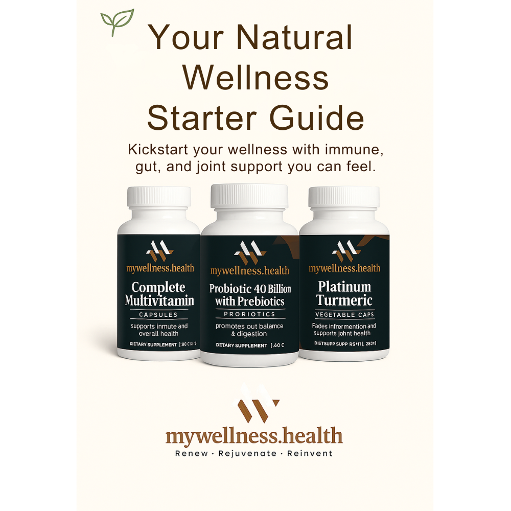 Natural Wellness Starter Bundle featuring Complete Multivitamin, Probiotic with Prebiotics, and Platinum Turmeric capsules.