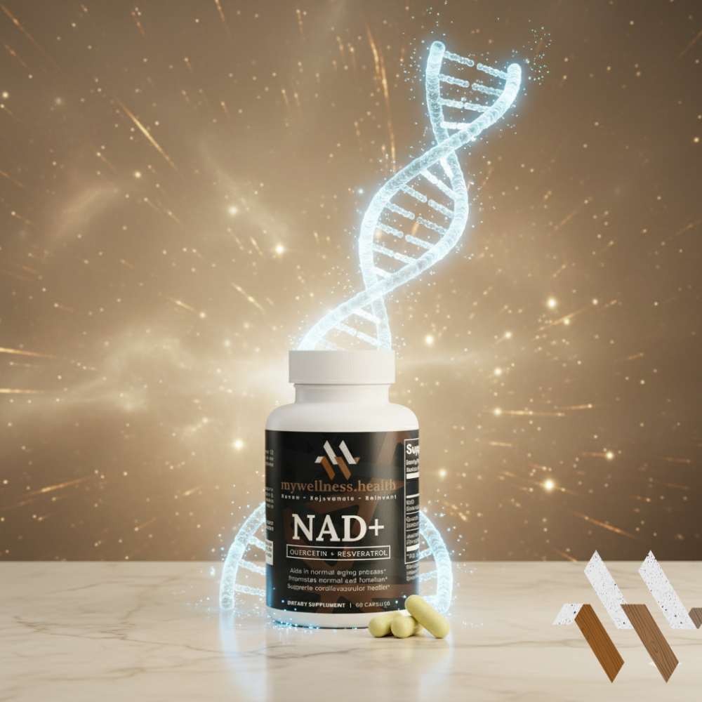 NAD+ supplement capsules with quercetin and resveratrol by mywellness.health, allergen-free and plant-based.
