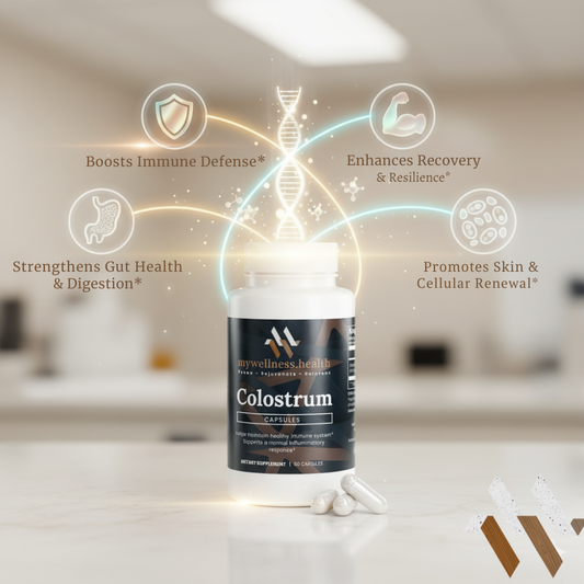 Natural colostrum capsules in clear bottle, 500mg each, by mywellness.health, for immune support, allergen-free.
