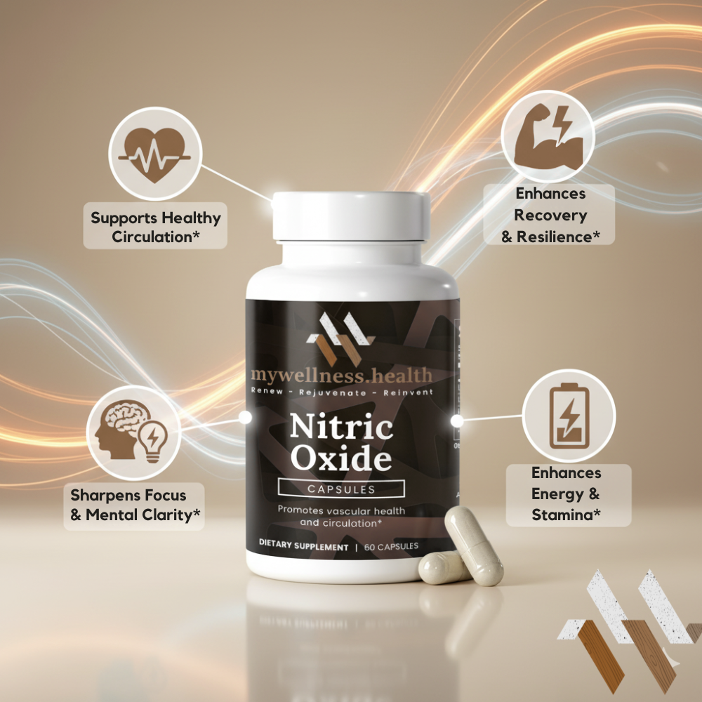 Nitric oxide supplement bottle featuring L-Arginine and L-Citrulline complex by mywellness.health, allergen-free formula.