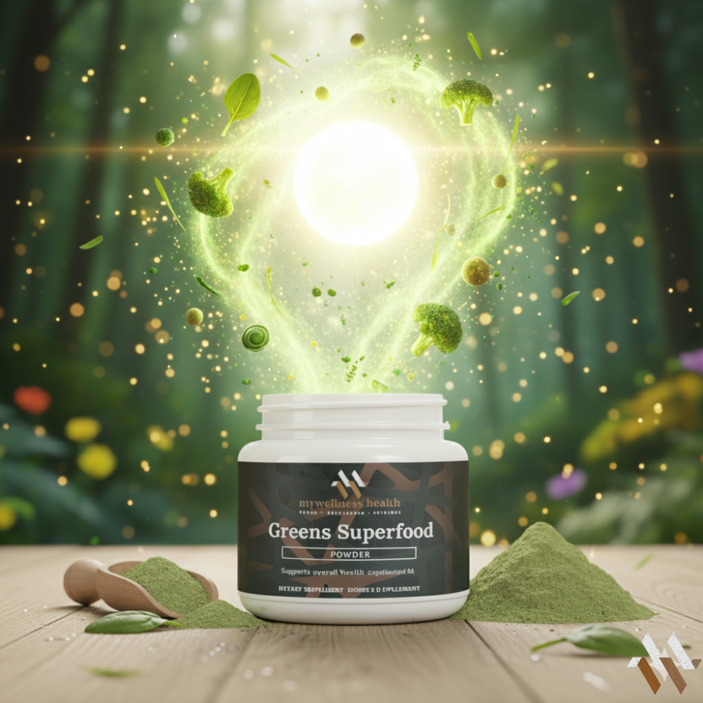 Greens superfood powder blend featuring spirulina, barley grass, and beet root by mywellness.health