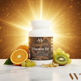 Green and white bottle of mywellness.health Vitamin D3 2000 IU, vegan, non-GMO dietary supplement for bone health