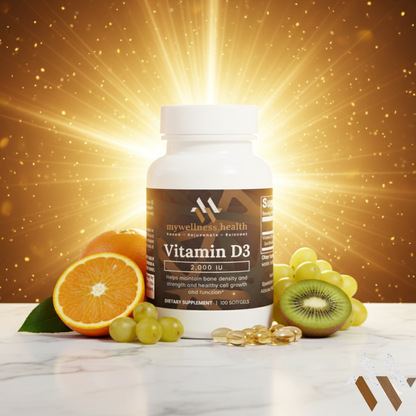 Green and white bottle of mywellness.health Vitamin D3 2000 IU, vegan, non-GMO dietary supplement for bone health