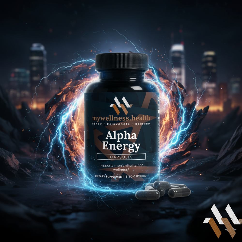 Alpha Energy supplement capsules in a clear bottle, allergen-free with a focus on adaptogenic herbs, by mywellness.health