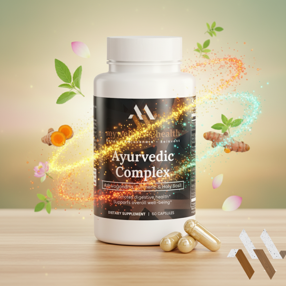 Ayurvedic complex supplement with ashwagandha, turmeric, and holy basil in a green and brown bottle by mywellness.health