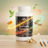 Ayurvedic complex supplement with ashwagandha, turmeric, and holy basil in a green and brown bottle by mywellness.health