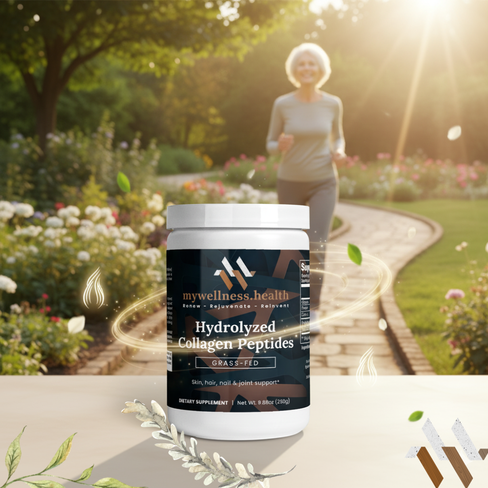 Natural bovine collagen peptides powder in a 280g container by mywellness.health for anti-aging and bone health.