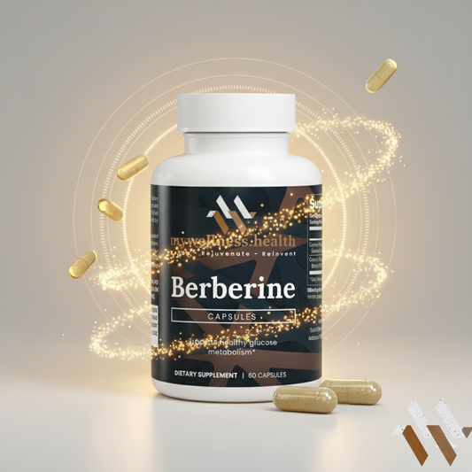 Green bottle of mywellness.health Berberine supplement with 97% extract for blood sugar support