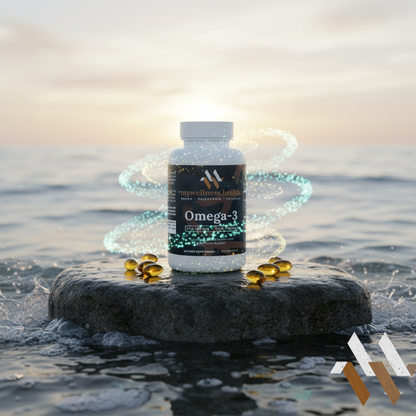 Premium Omega-3 Fish Oil supplement in a clear bottle, labeled EPA DHA, allergen-free, by mywellness.health
