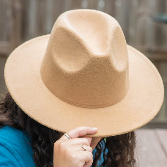 Beige wide brim hat with a boho style, perfect for casual outings by Ivy + Cloth