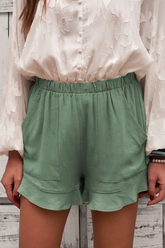 Damen Sommer-Shorts aus Leinen-Baumwolle mit Taschen in Grün