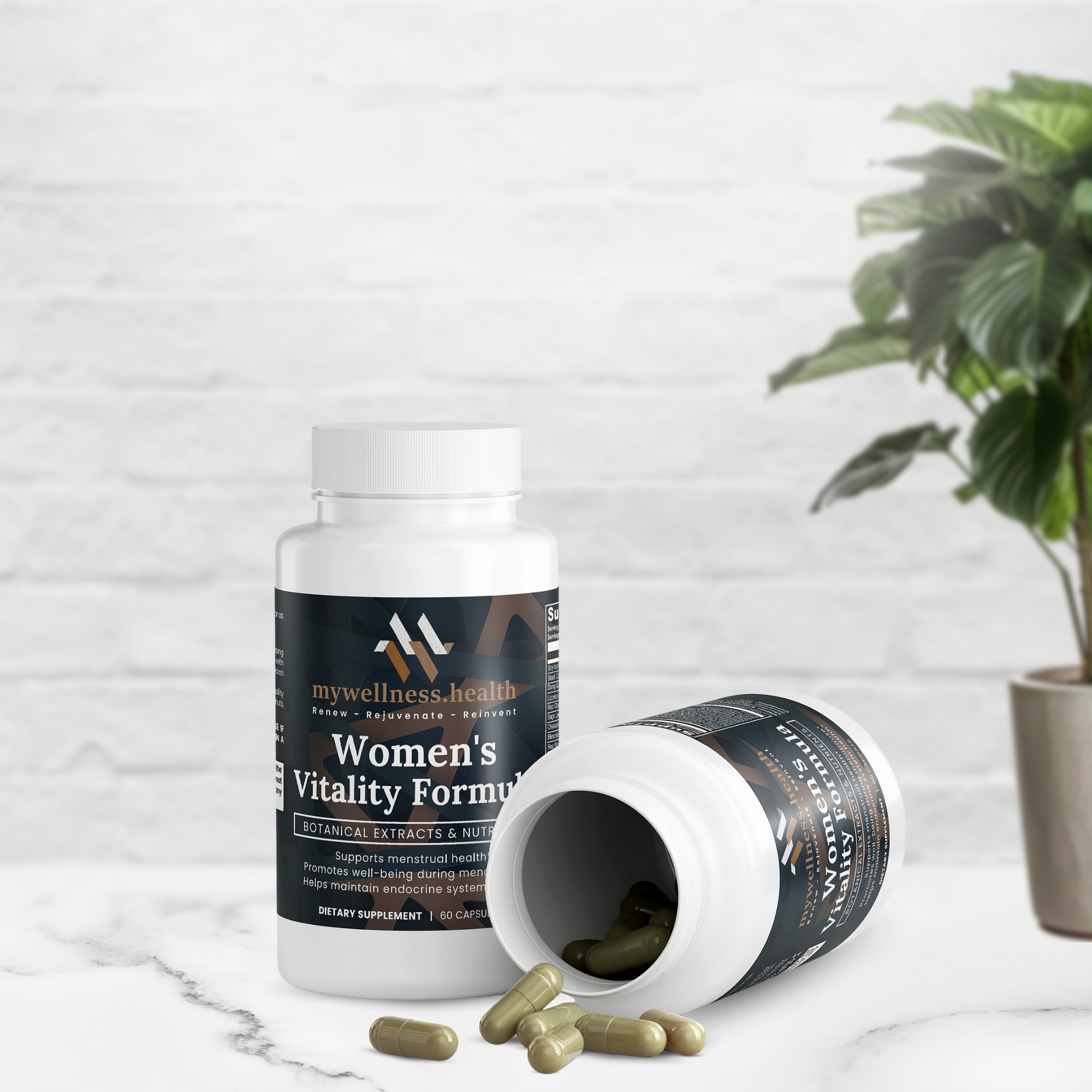 Capsule supplement bottle of Women's Vitality Formula by mywellness.health for natural hormonal balance