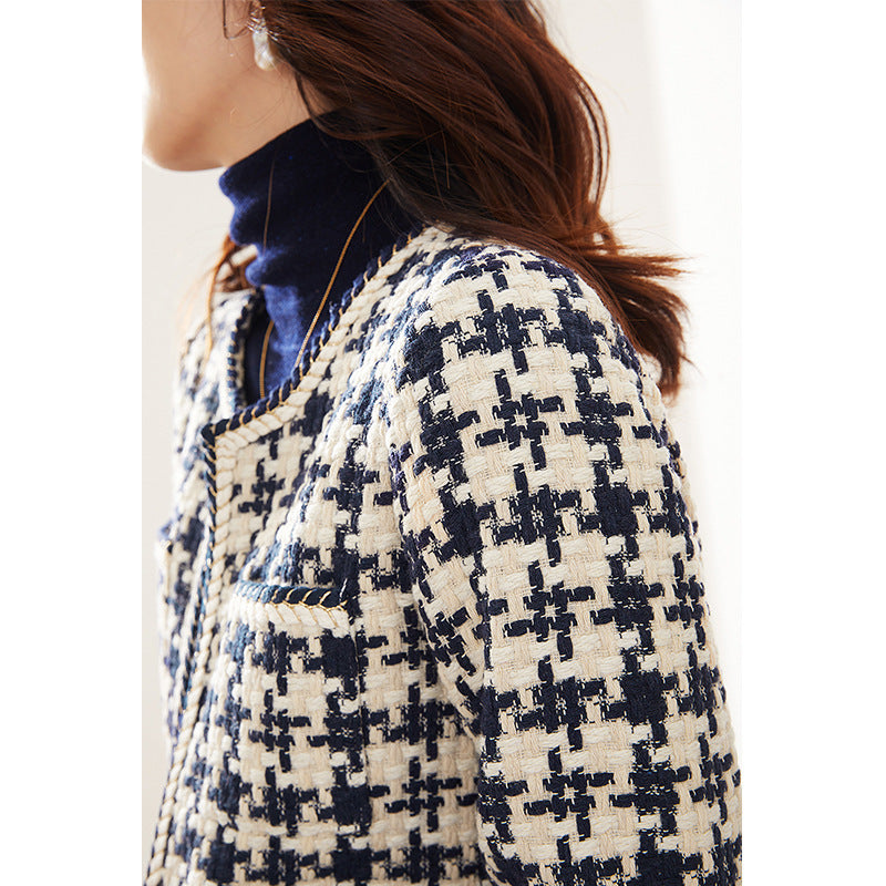 Navy houndstooth tweed blazer jacket with round neck and open front by Alabaster