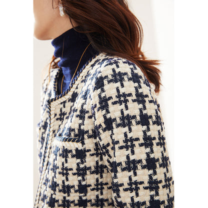 Navy houndstooth tweed blazer jacket with round neck and open front by Alabaster
