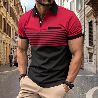Men's Striped Polo Shirt with Chest Pocket - Cotton Blend