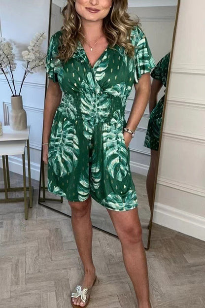Lightweight Tropical Leaf Print Jumpsuit - V-Neck Summer Romper