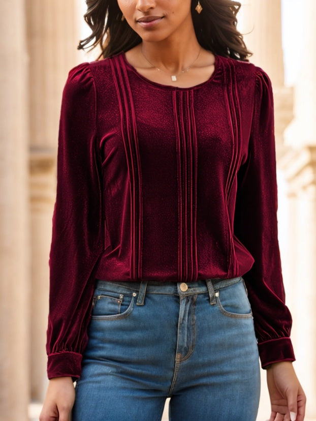 Red velvet long sleeve blouse by Alabaster, elegant and chic for date nights, available in sizes S, M, L.