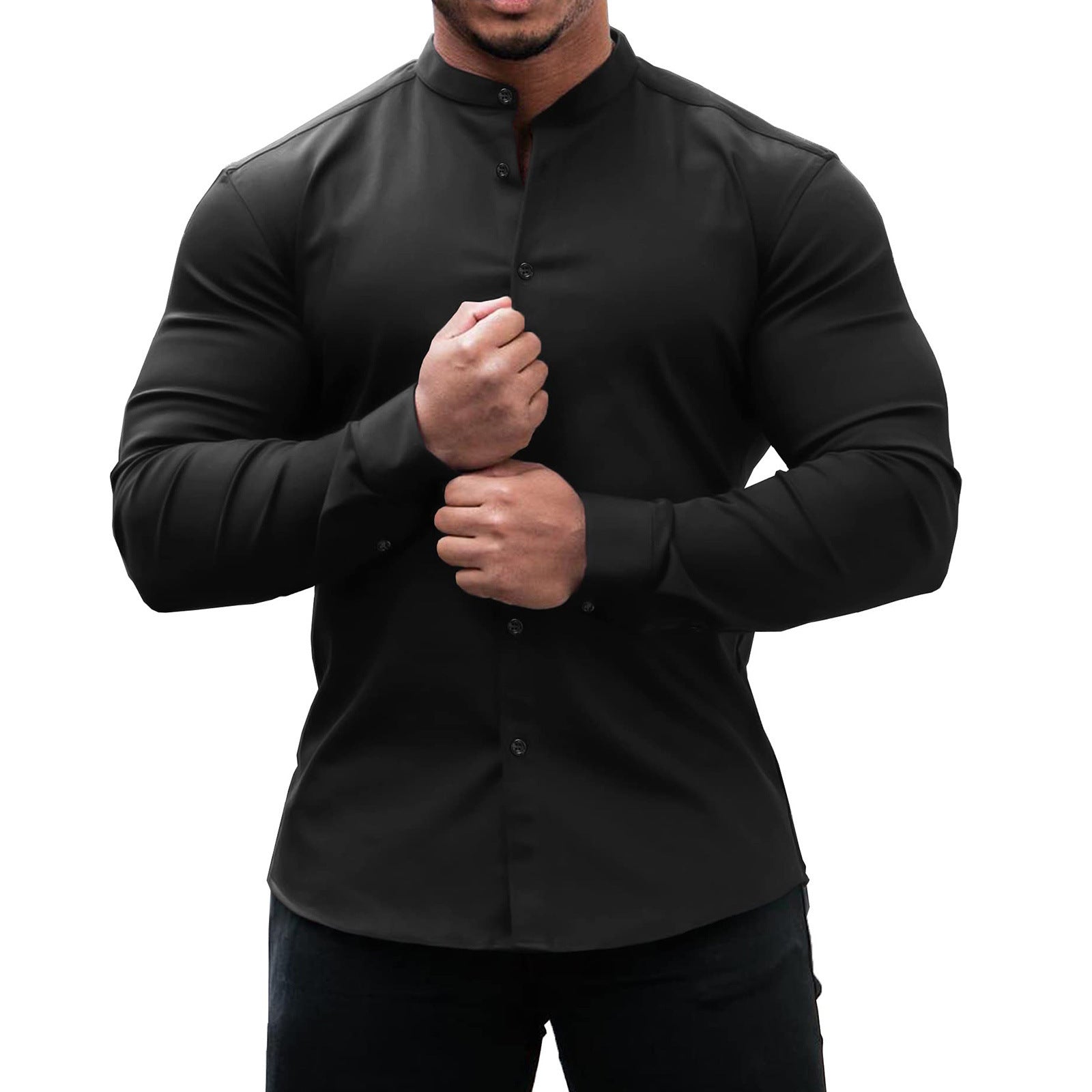 White slim fit polyester long sleeve mandarin collar shirt for men by My Store