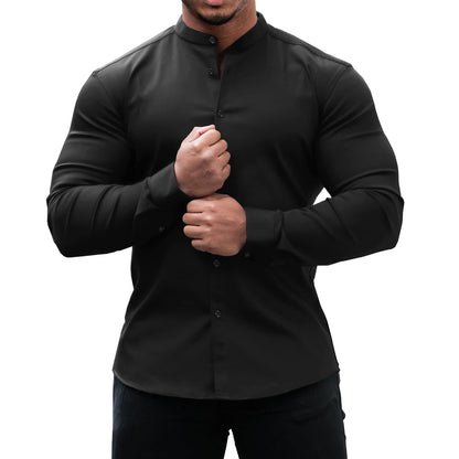 White slim fit polyester long sleeve mandarin collar shirt for men by My Store