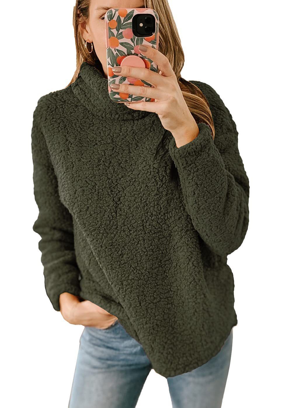 Light gray thick polar fleece turtleneck pullover by Alabaster, featuring a high collar for winter comfort.