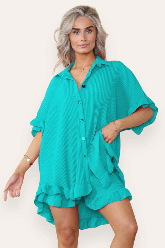 Turquoise oversized button shirt and shorts co-ord set with ruffles and gold buttons by Alabaster
