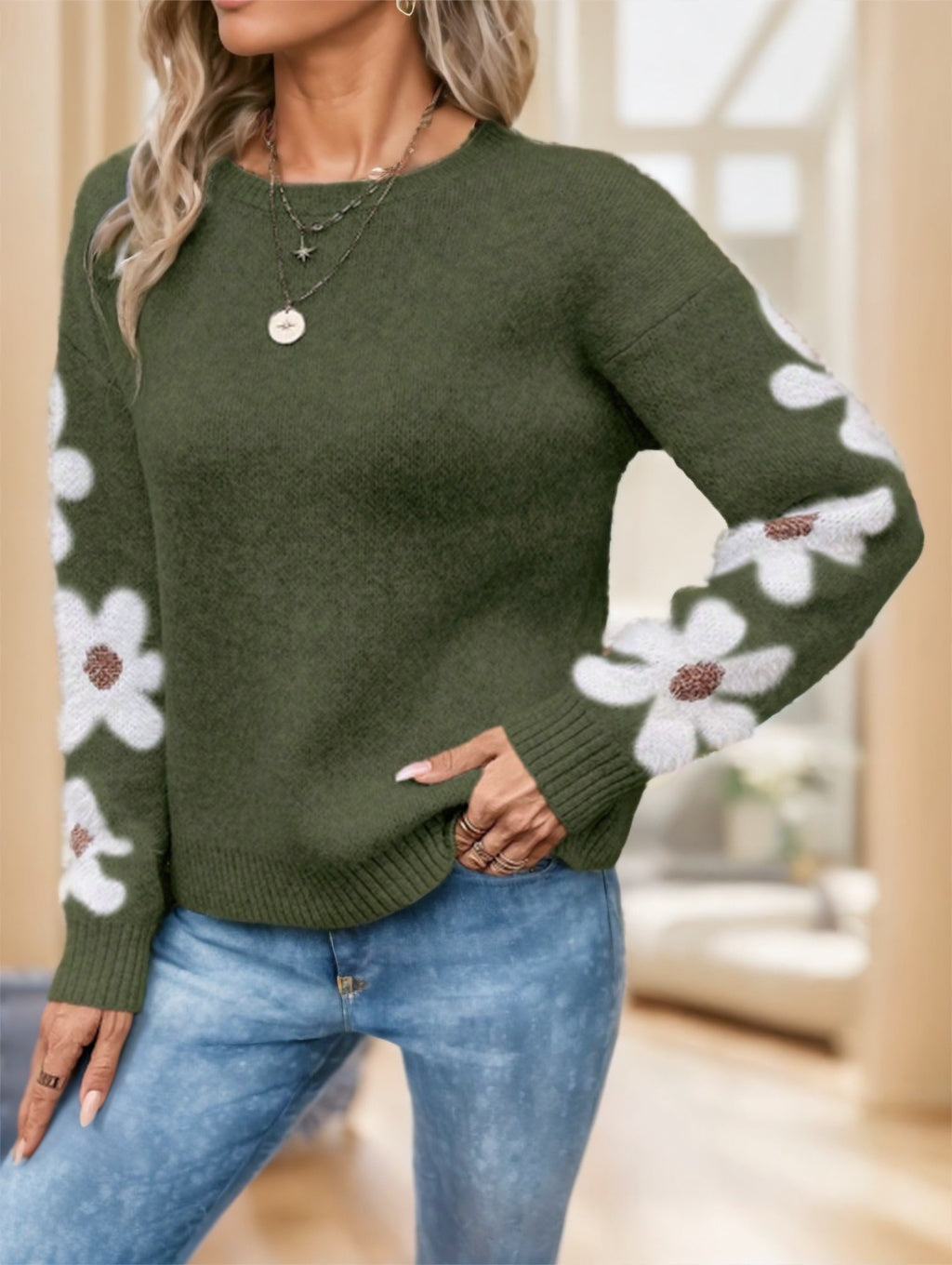 Floral Drop Shoulder Knit Sweater - Blue Daisy Pattern Polyester