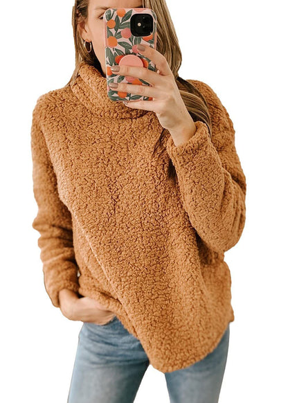 Light gray thick polar fleece turtleneck pullover by Alabaster, featuring a high collar for winter comfort.