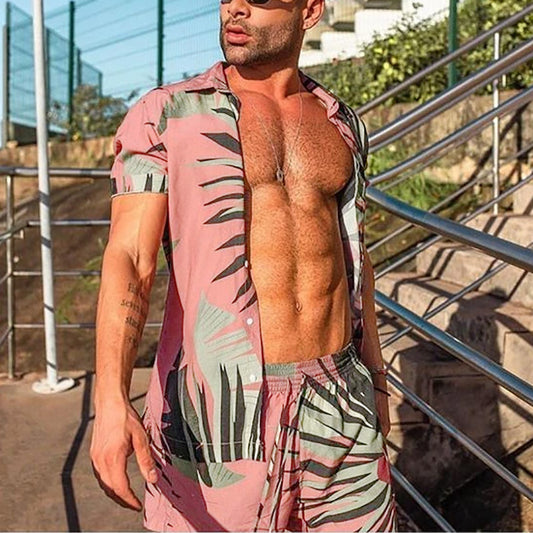 Men's pink tropical palm print button-down shirt and shorts set, perfect for summer beach outings by My Store