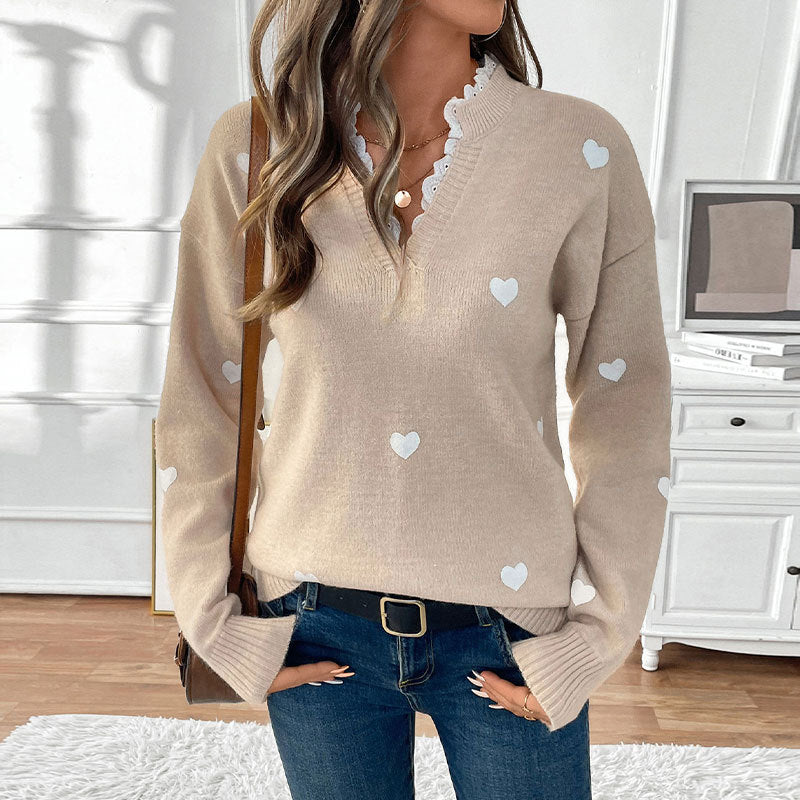 Women’s V-Neck Heart Knit Sweater – Light Khaki